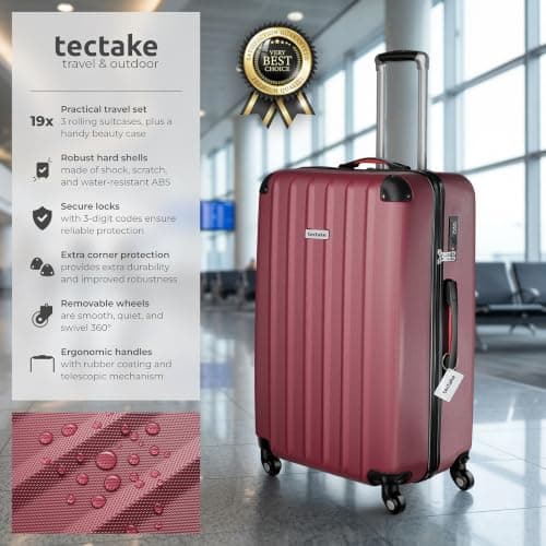 tectake® Hard-Shell Suitcase Set, Incl. 3 Suitcases, Beauty Case & Travel Bag, Travel Luggage Set with 360° Wheels, TSA Locks & Luggage Scale, Lightweight Suitcase Set with ABS Shells - Burgundy — view 2