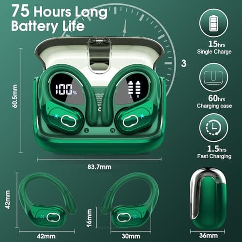 Aptkdoe Wireless Earbuds, 75H Bluetooth 5.4 Headphone Sport Ear Hooks, App — view 2