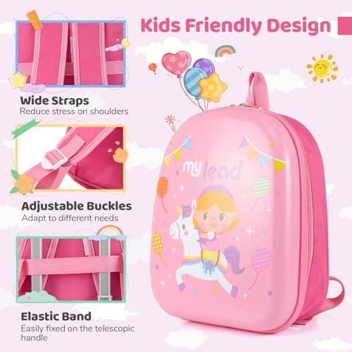 GYMAX 2Pcs Kids Luggage Set, 13" Backpack & 16" Children Hardshell Suitcase with Wheels & Telescopic Handle, Boys Girls Carry On Luggage Set for Travel School (Pink) — view 6