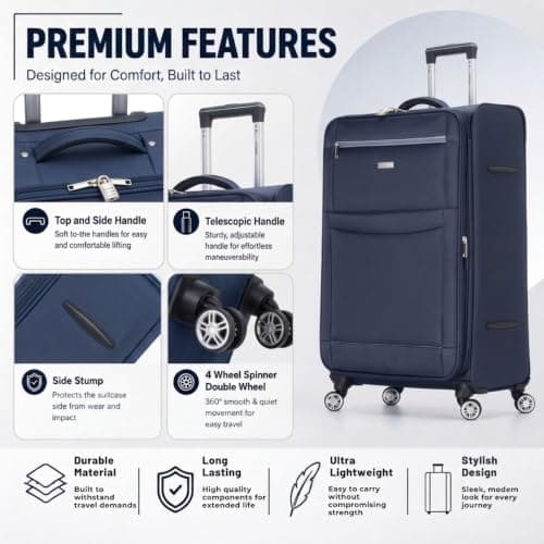 DK Luggage Ultra Lightweight Only 2.9kg Medium 24 Inch Soft Shell Suitcase, 4 Wheel Spinner, Checked Luggage, 15kg–20kg Capacity, Expandable Travel Case (WLS Navy, Medium) — view 6