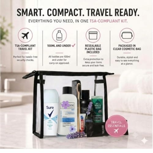 Women's Travel Toiletries Set with Clear Toiletry Bag – Travel Kit with Shampoo, Conditioner, Shower Gel, Anti-Perspirant, Dental Kit & Comb, Travel Essentials for Holidays, Overnight Stays — view 3