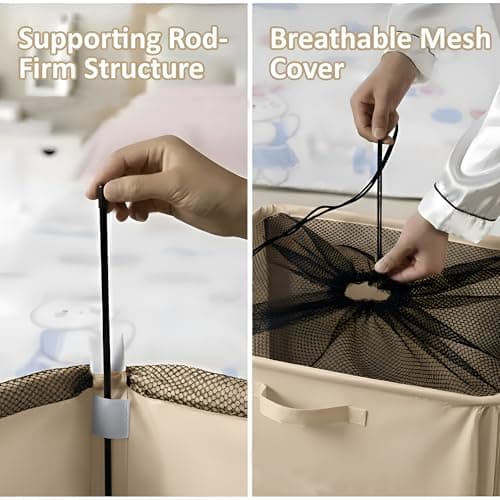 Large 80L Rolling Laundry Hamper | Foldable Clothes Basket with Wheels | Freestanding Washing Bin | Moisture Proof Oxford Fabric Storage Organizer |Beige — view 5