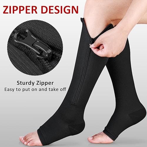 Ailaka Zipper 15-20 mmHg Compression Socks for Women Men, Knee High Open Toe Support Graduated Medical Varicose Veins Hosiery for Edema, Swollen, Pregnancy, Recovery (1 Pair) — view 2