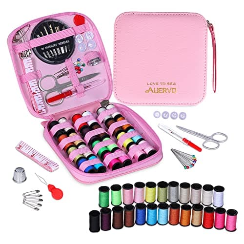 Pink Sewing Kit, AUERVO Mini Basic Sewing Kits with Leather Case Thread and Needles Set for Adults, DIY,Home, Travel & Emergency with Zipper Compact Small Waterproof Durable