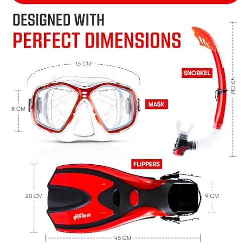 Two Bare Feet Snorkel, Mask and Fins/Flippers PVC Snorkelling Set (Adults) With Anti Fog and Wide View Mask, Anti-Leak, Tempered Glass - Scuba Dive Snorkelling Sets (L/XL (UK9-13), Red) — view 5