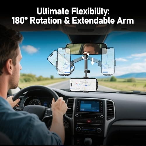 Aluminum Rear View Mirror Phone Mount for [Truck & SUV], Anti-Shake Universal Car Phone Holder with 360° Rotation, Non-Blocking Driving Assistant for iPhone 17 16 15 14 13 Pro Max, Samsung — view 2