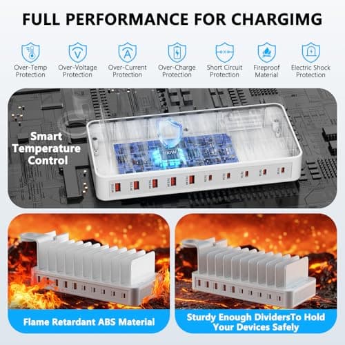 USB Charging Station 100W, 10 Port Multiport Phone Charger Station, Phone Charging Station With 10 Charging Cables and a Watch Holder, Desktop Charger for Smartphones, Tablets, and Other USB Devices — view 6