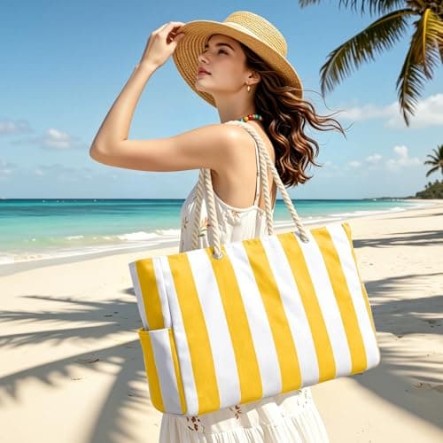 Becokan Beach Bags for Women Stripe Large Beach Tote Bag, Yellow, L — view 2