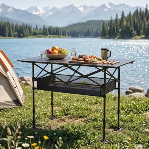 ALPHA CAMP Folding Camping Table, Adjustable Height Roll-up Picnic Table