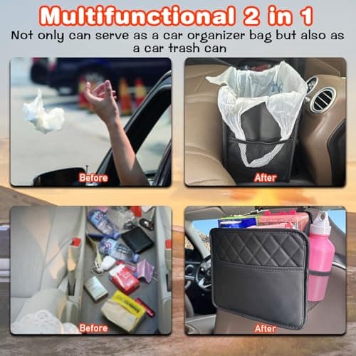 Noaman 2 Pack PU Leather Car Seat Storage Organizer with 3 Pockets Backseat Car Organizer 2 in 1 Car Trash Bag Can 8 Liters Large Capacity Multifunction Car Essentials interior Accessories Black — view 4