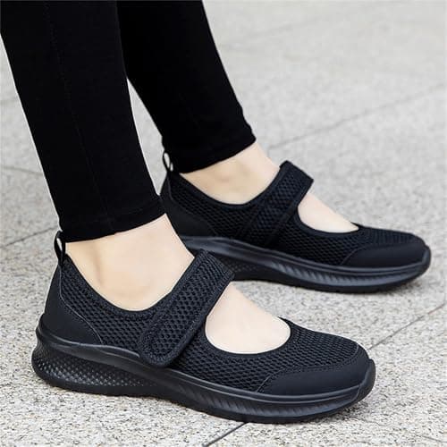 Womens Orthopedic Mary Jane Shoes Summer Breathable Knit Adjustable Strap Barefoot Lightweight Comfortable Non Slip Walking Shoes for Hiking Holiday UK Black, Size 7 — view 2