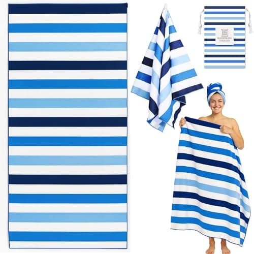 Whispering Threads (180x90cm Large Beach Towel for Adults Highly Absorbent Cabana Microfibre Pool Towel with Bag, Double Sided Print Lightweight Sand Free Bath Towel for Pool Camping Gym Yoga Blue