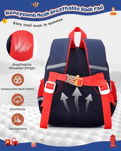 PROTAURI Toddler Backpack Boys with Chest Strap, Kids Backpack 3D Fire Engine Reflective 360° Water Repellent & Lightweight, School Bags Fits DIN A4 for 2-6 Years, 10.6L, Navy Blue — view 4
