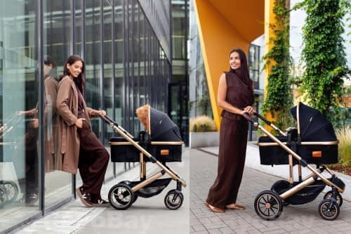 Baby Pram & Pushchair Travel System 3 in1 with Car Seat - Lightweight Folding Buggy Stroller for Newborns 0-36 Months (Black Gold - Lite Frame & Swap Canopy (Fur & Plain)) — view 2