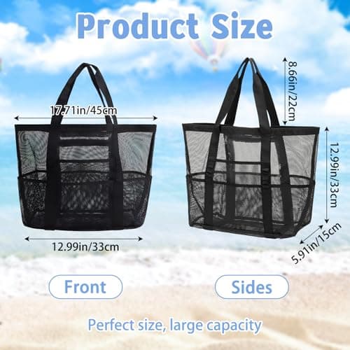 KUAOOAUK Large Mesh Tote Bag with 9 Pockets, Black Waterproof Beach Bag — view 3