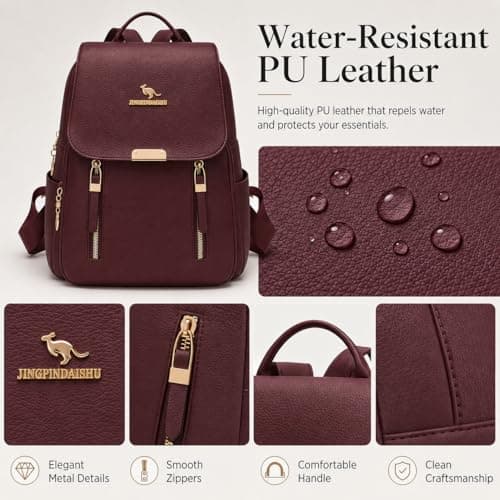 Drawelry Laptop Backpack for Women, Waterproof Large Bag with 4 Compartments and 8 Zip Pockets, Multifunctional Storage Casual Rucksack with Sturdy Handle, Chic Daypack for Travel, Work (Burgundy) — view 4