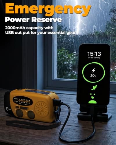 Esky Wind Up Solar Emergency Radio, Portable Hand Crank AM/FM Radio with 2000mAh Rechargeable Power Bank, USB Phone Charger, 3 LED Flashlight, SOS Alarm for Power Outage/Camping/Hiking(Orange) — view 4