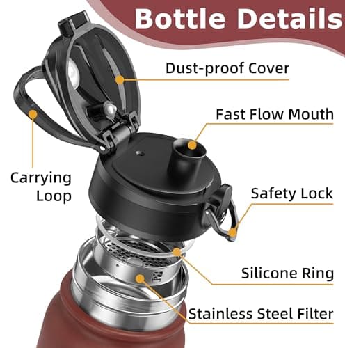 OLDLEY 600ml/20oz Stainless Steel Water Bottle Double Walled Vacuum Flask Keep Drink Hot and Cold Leakproof BPA Free 600ML Metal Insulated Water Bottle for Sport School Work Outdoor Hiking (Red-Black) — view 2