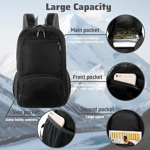 flintronic Lightweight Foldable Backpack, 30L Small Hiking Rucksack, Unisex Water Resistant Walking Backpack for Outdoor Sports, Hiking, Travelling, Walking, Camping (Black) — view 4