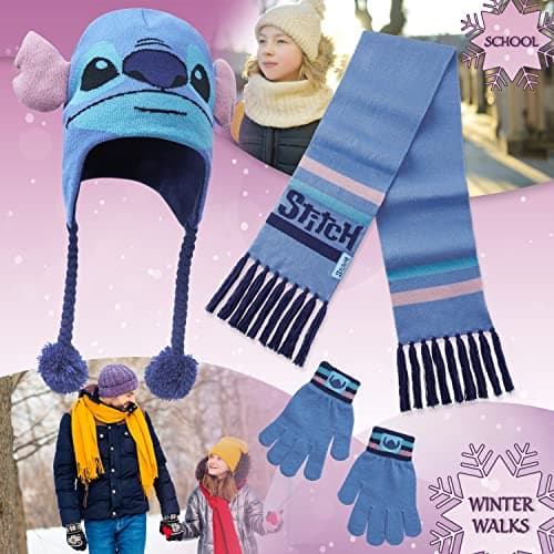 Disney Stitch Girls Beanie Scarf Teenagers Kids Gloves Winter Accessories School Travel Stitch Gifts, Choose from Sets (Blue Stitch 3 Pcs) — view 2