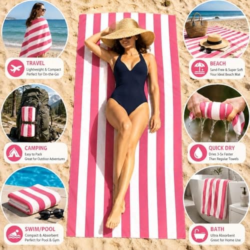 Admygo Microfibre Beach Towels for Adults - 2 Pack 180 x 90 cm Extra Large Beach Towels with Drawstring Bags, Quick Dry Lightweight Sand Free Towel for Swim, Travel, Gym (Stripe Dark Blue & Pink) — view 5