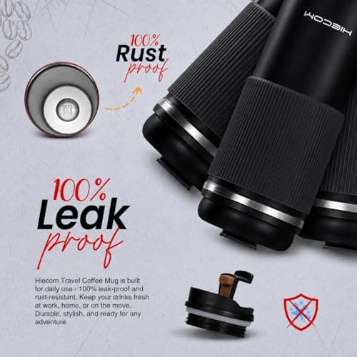 Hiecom Coffee Cup Travel Mug in Black – Vacuum Insulated Travel Mug | Leakproof Thermal Coffee Cup with Double-Wall Stainless Steel, Non-Slip Silicone Grip for Hot and Cold Beverages – 500ml — view 4