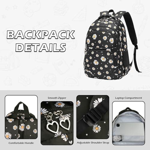 SIVENKE Daisy Printed School Backpack Set with Lunch Bag Pencil Case 3 Pieces School Bags for Teens Girls Boys Primary Junior Middle School Water Resistant Lightweight Bookbag Travel Rucksack — view 5