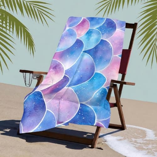 Beach Towel Microfibre Towel 140 x 70 cm Watercolor Mermaid Scales Beach Towel for Travel Purple Printed Swimming Camping Holiday Quick Dry Sand Free Towels — view 2