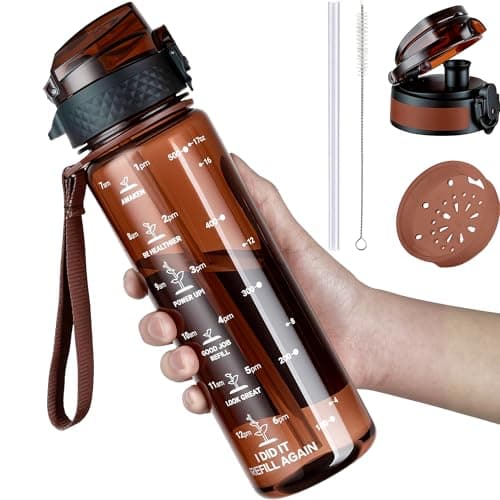 GOPPUS 500ml/17oz Kids Water Bottles with Straw Tritan Childrens Bottle with Flip Top Lid BPA Free Measured Drinks Bottle with Strap Sports Reusable Time Markings Leakproof (Transparent Brown)