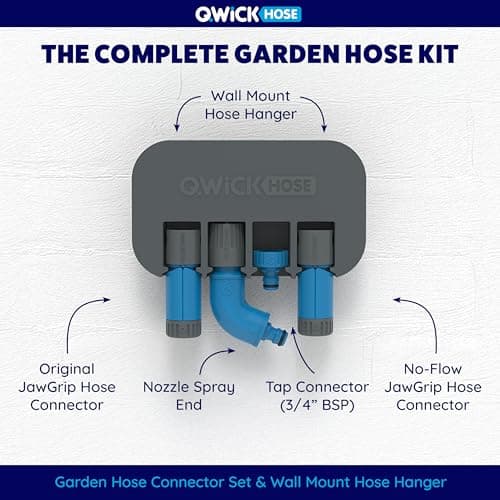 Qwickhose Starter Set | 5-Piece Garden Hose Connector Kit | Original & No-Flow JawGrip, Tap Adaptor, Nozzle, Wall Mount | 1/2" (12.5-13mm) Universal Hose Fittings | Garden Hoses & Outdoor Tap — view 2