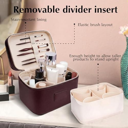 Makeup Bag,Make up Case for Women Vanity Case Leather Makeup Bags Travel Toiletry Double Layer Removable Compartment Cosmetic Organizer — view 5