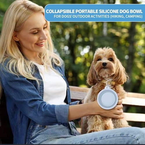 SLSON Collapsible Dog Bowl, 2 Pack Macaron Color Foldable Travel Dog Feeder Bowl Portable Silicone Pet Food Water Dish for Dogs Cats Camping Hiking (Macaron Blue and Light Grey) — view 5