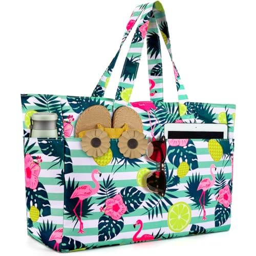 ISEYOU Extra Large Beach Bag, Waterproof Beach Bags with Zip, Lightweight Foldable Beach Tote Bags, Large Capacity Multi-Pocket Beach Bags for Women, Perfect for Pool Shopping Travel Vacation Gym