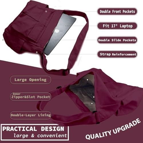 Canvas Messenger Bag Large Hobo Crossbody Bag with Multiple Pockets Casual Shoulder Tote Bag for Women and Men, D Red, L — view 6