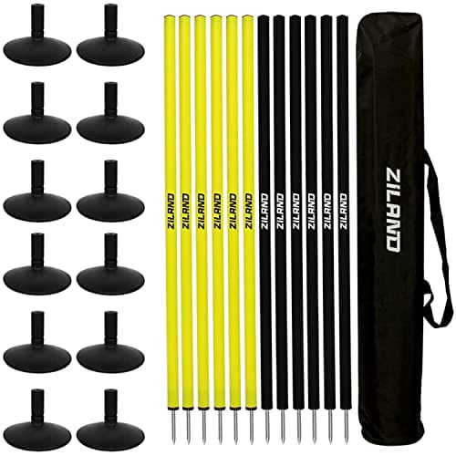 Ziland Slalom Poles [12 Pack] • Yellow/Black • Football Training Aid • Holdall Included (180cm Yellow/Black + Bases)