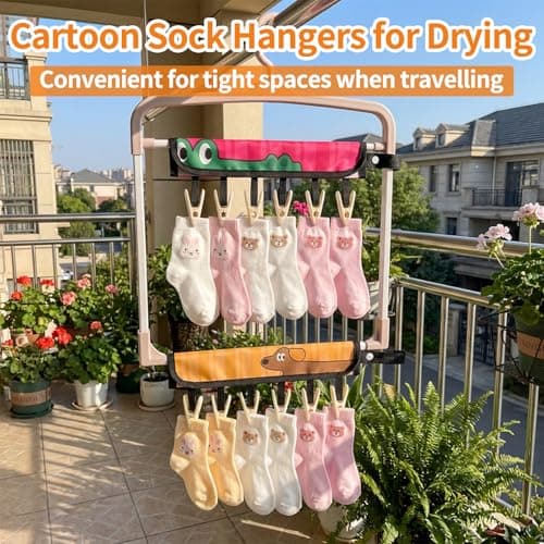 QOPAHI 3-Pack Cartoon Sock Hangers for Drying, 38.6cm Dryer Hanger with 6 Pegs, Folding Windproof Sock Dryer Clips, Portable Underwear Hangers for Heated Airers Washing Lines Home & Travel — view 6