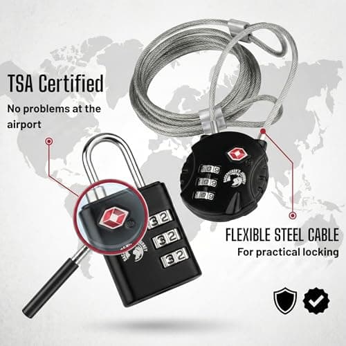 Backpacker's Journey TSA Lock Set with 1.5 m Steel Cable - Combination Locks for Rucksack, Suitcase and Bags — view 3