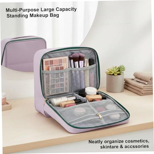 Stand Up Makeup Bag Large Capacity, Standing Makeup Bag with Multiple Compartments for Travel PU Leather Vertical Make up Organizer(Purple) — view 4