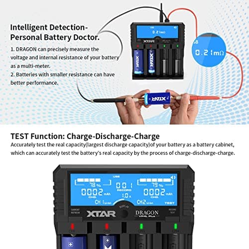 Rechargeable Battery Charger,XTAR Dragon VP4L PLUS 18650 charger for 3.6v 3.7v Li-ion/1.2V AA AAA Ni-MH batteries & 11.1v 3S battery packs, Professional 21700 charger Check Your Battery's Health — view 6
