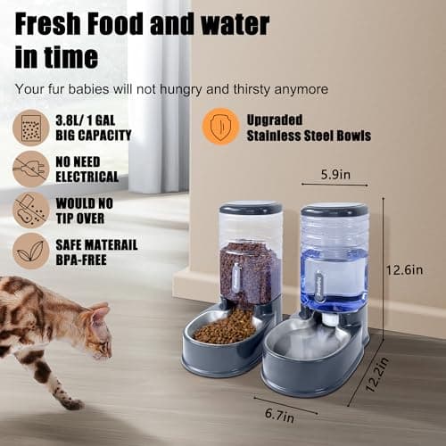 Automatic Pet Feeder Small&Medium Pets Automatic Food Feeder and Waterer Stainless Steel Bowls Set 3.8 L, Travel Supply Feeder and Water Dispenser for Dogs Cats Pets Animals — view 2