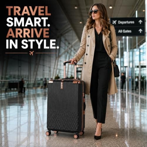 XPLR 4 Piece Hard Shell Luggage Set - Durable ABS Lightweight Suitcase - 14" 20" 24" 28" Cabin Carry On - TSA Lock - 360° Spinner Wheels - Rose Gold Trim & Vanity Case (Midnight Noir) — view 6