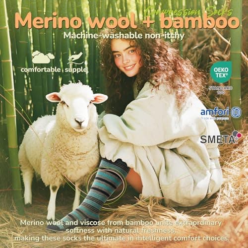 Iambamboo Merino Wool Compression Socks for Women Men 15-20 mmHg for flying, Red&Yellow&Blue, L-X-L — view 2