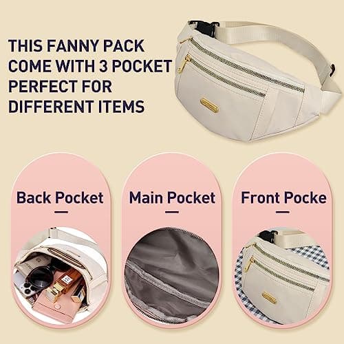 Yoolly Bum Bag for Women Men, Fashion Fanny Pack with 3 Zipper Pockets & Adjustable Strap, Lightweight Waist Bags for Travel, Running, Cycling, Hiking (Beige) — view 4