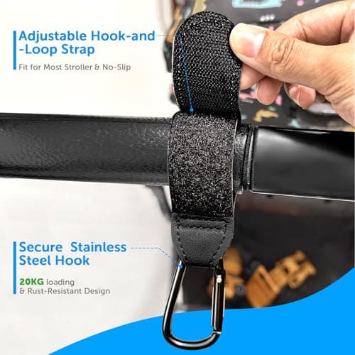 Bdwing 2pcs Buggy Clips for Changing Bag Handbag, Non-Slip PU Leather Pram Hook for Buggy Pram Rocker Stroller Pushchair Rollator Mobility Scooter Universal Accessories Baby Travel Essentials (Black） — view 3