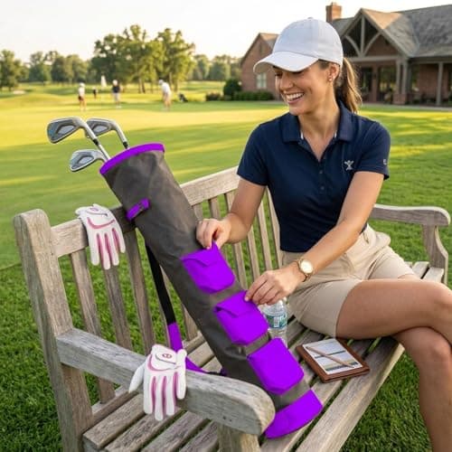 YNR Pencil Golf Club Ball Bags - Three Pockets, H-34 Inch D-5 Golf Bag, Light Weight Equipment Bag Ideal for Golf Course, Pencil Golf Bag, Golf Bags for Men & Women | (Black Purple) — view 2