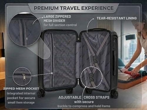 DK Luggage Carry-on 20” Cabin EasyJet, BA, Jet 2 Hard Shell Hand Luggage Approved Suitcase 4 Wheel Spinner Luggage ABS101 Black — view 5