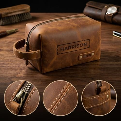 Personalised Mens Wash Bag, Leather Toiletry Bag for Men, Travel Dopp Kit — view 5