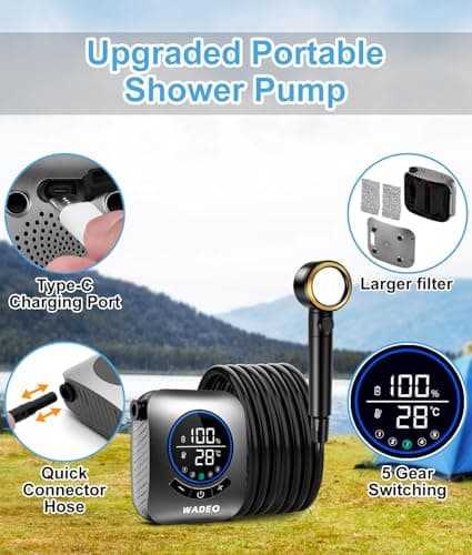 WADEO Portable Shower, [Premium] [8000mAh Ultra-Long Battery Life] Large Display, Rechargeable Shower Pump, Outdoor Shower Kit for Camping, Beach, Pet, Travel, Car (Silver) — view 5