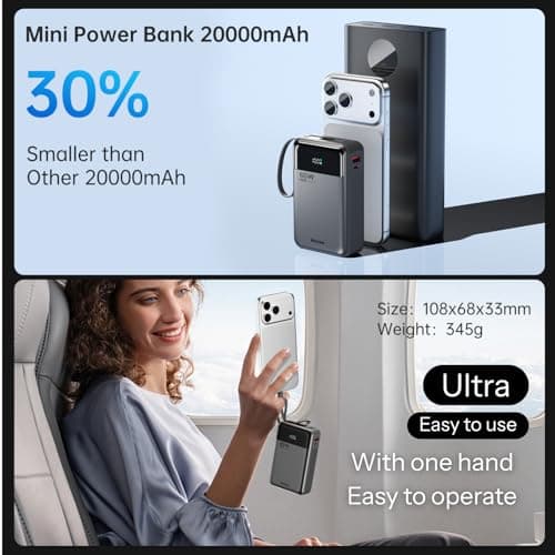 Hichain Laptop Power Bank 65W 20000mAh Portable Charger with Built-in USB-C Cable, 3-Port Fast Charging Battery Pack for MacBook iPhone 17 16/15 Series Android Switch Travel Essential Gray — view 4
