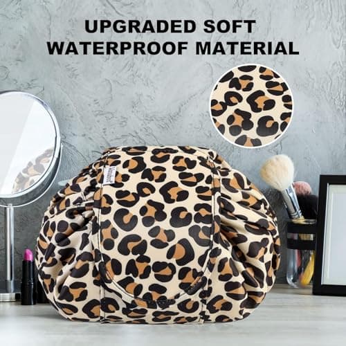 Vavabox Lazy Drawstring Makeup Bag, Flat Lay Cosmetic Bags (Yellow Leopard) — view 6